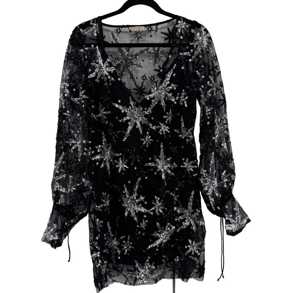 For Love & Lemons Starry Night Sequin Mesh Mini Dress Black Silver Starburst M